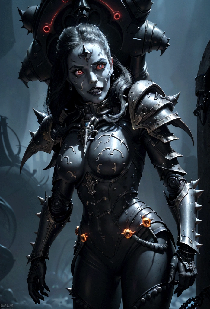 a gorgeous adepta sororitas from the movie tron, glowing skull armor, spikes, teeth, monster, dirty tentacles, pus pimples, cracked truenurgle, detailed face and eyes, beautiful lips, extremely detailed, 1girl, oil painting, concept art, dark fantasy, cinematic lighting, dramatic shadows, vibrant colors, moody atmosphere, hyper detailed, 8k, photorealistic