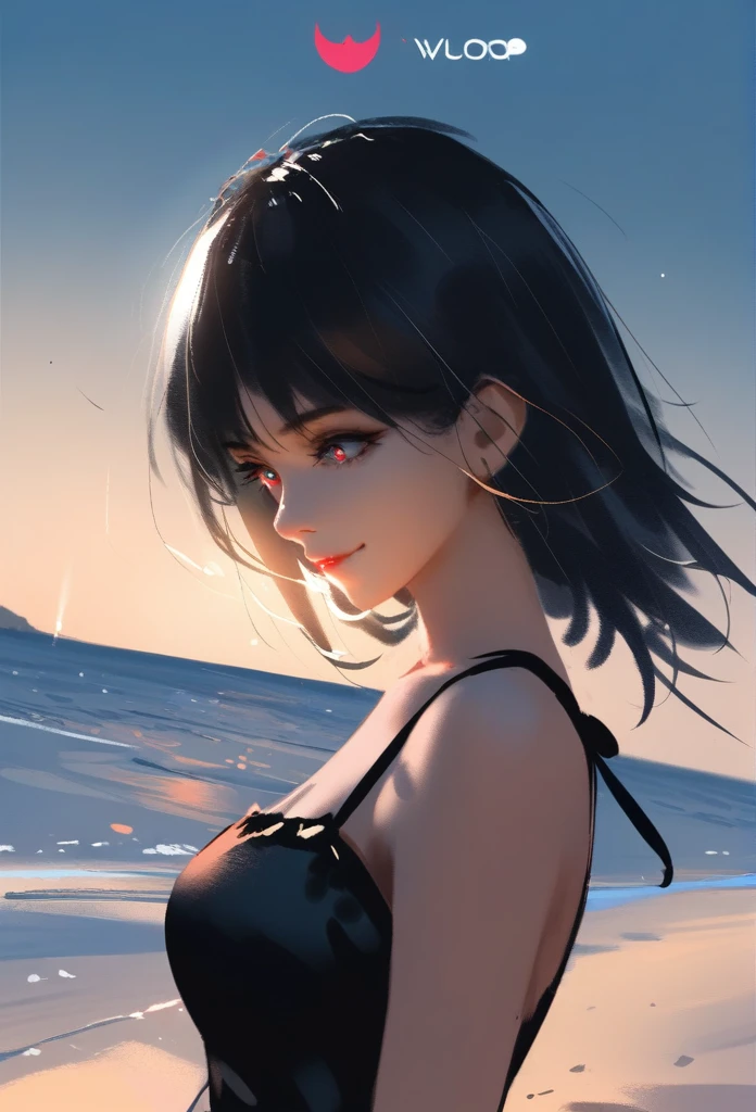 1girl, solo, wlop,
Black hair, gradient eyes, black sun dress, seductive smile, 
beach, night sky,
masterpiece, best quality,