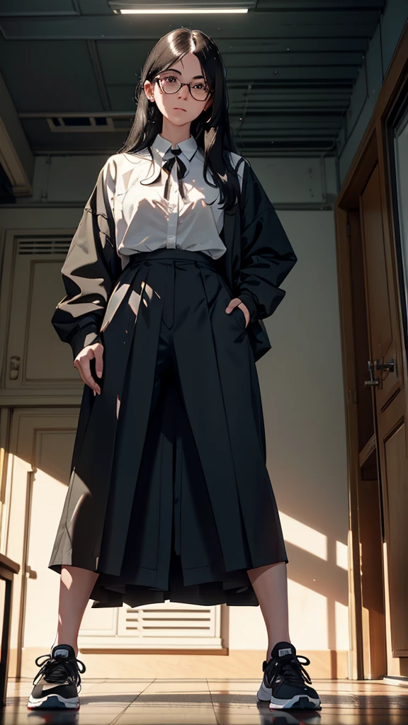 Character setting image, character sheet, whole body, entire body, full body, total body, standing, upright stance, erect posture, athletic shoes, with waist, light solid color background, 20-years-old beautiful female, black rim glasses, wearing white headphones, black hair, date clothes, Midsummer formal attire, civilian clothes, intellectual atmosphere, knowledge, scholarship, enthusiasm, front of whole body, immersion, concentration, sense of accomplishment, cinematic lighting, masterpiece, top quality, 4K, academic atmosphere, (masterpiece), (best quality), ultra-high res, sharp focus