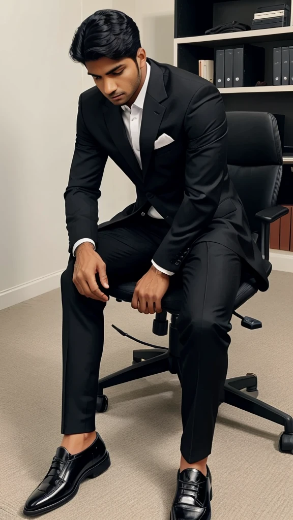 Make a phone wallpaper where a young Indian male sitting on a office chair wearing black suit pant shoes 