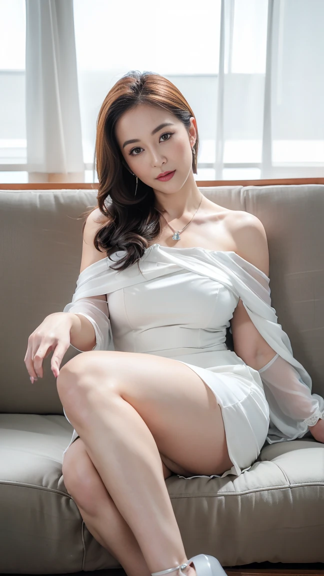 (best quality,masterpiece,8K,photography,RAW photos:1.5),A 40-year-old woman,Height 175 cm,mini skirt:2.0,charm,Sexy,Charming eyes,White skin,Extra large breasts:1.8,Thick Legs:1.8,Widest hips,Wear sleeveless and low-cut clothes,Sleeveless,Off-shoulder dress,Chiffon Dress,Long legs,High heel,necklace,earrings,(armpit:1.2),White Legs,Wide hips:2, Sitting on the sofa,Plump thighs ,Close-up shot,Shooting from below:1.8,Natural light:1.2