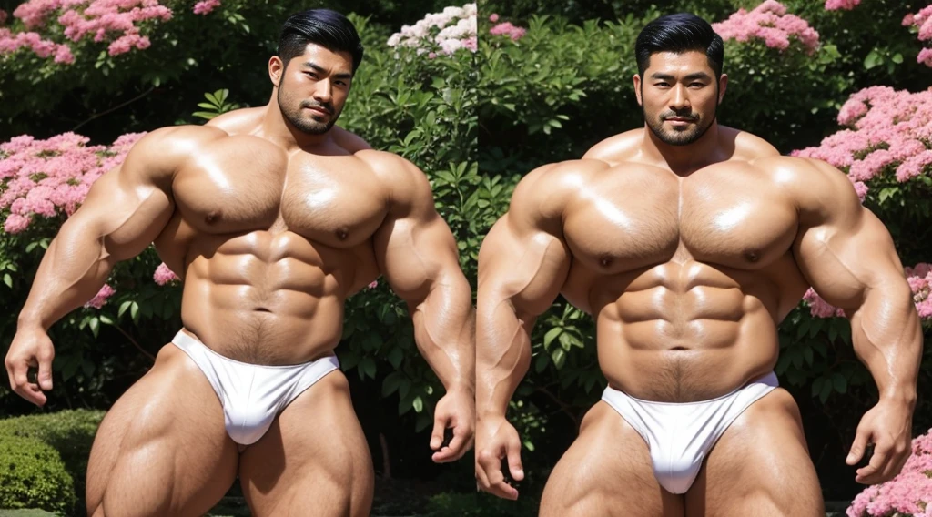 A handsome Asian actor，30 years old，Tall and handsome, Toned body，short hair, O-Shaped Beard，Perfect body, Dark and shiny skin，Smooth skin，The body is hairless，Muscle bulge, Muscular, Very large pectoral muscles，Very sexy abdominal muscles，Very well-developed leg muscles，Huge concave and convex area，Brightens oily skin，Wearing a white leather shiny thong，Handsome face， Correct and accurate male body proportions, Stand among the flowers。
