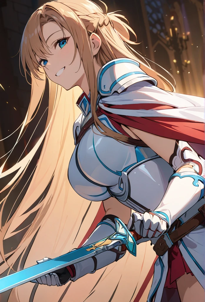 alone, 1 Girl, Asuna, salary, keep, arms, Focus on women, sword, Cape, armor, Lambent Light, Handguard, sheath,  armor, full armor, A soft smile, (((masterpiece)))， ((Highest quality))， ((Intricate details))　(8K)