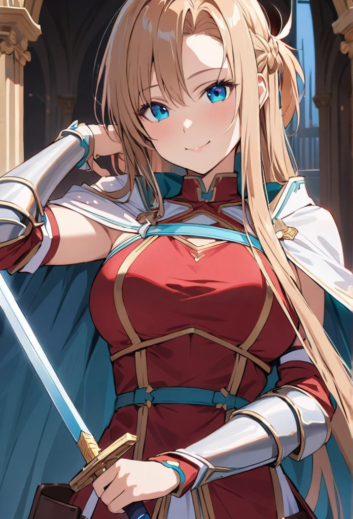 alone, 1 Girl, Asuna, salary, keep, arms, Focus on women, sword, Cape, armor, Lambent Light, Handguard, sheath,  armor, full armor, A soft smile, (((masterpiece)))， ((Highest quality))， ((Intricate details))　(8K)