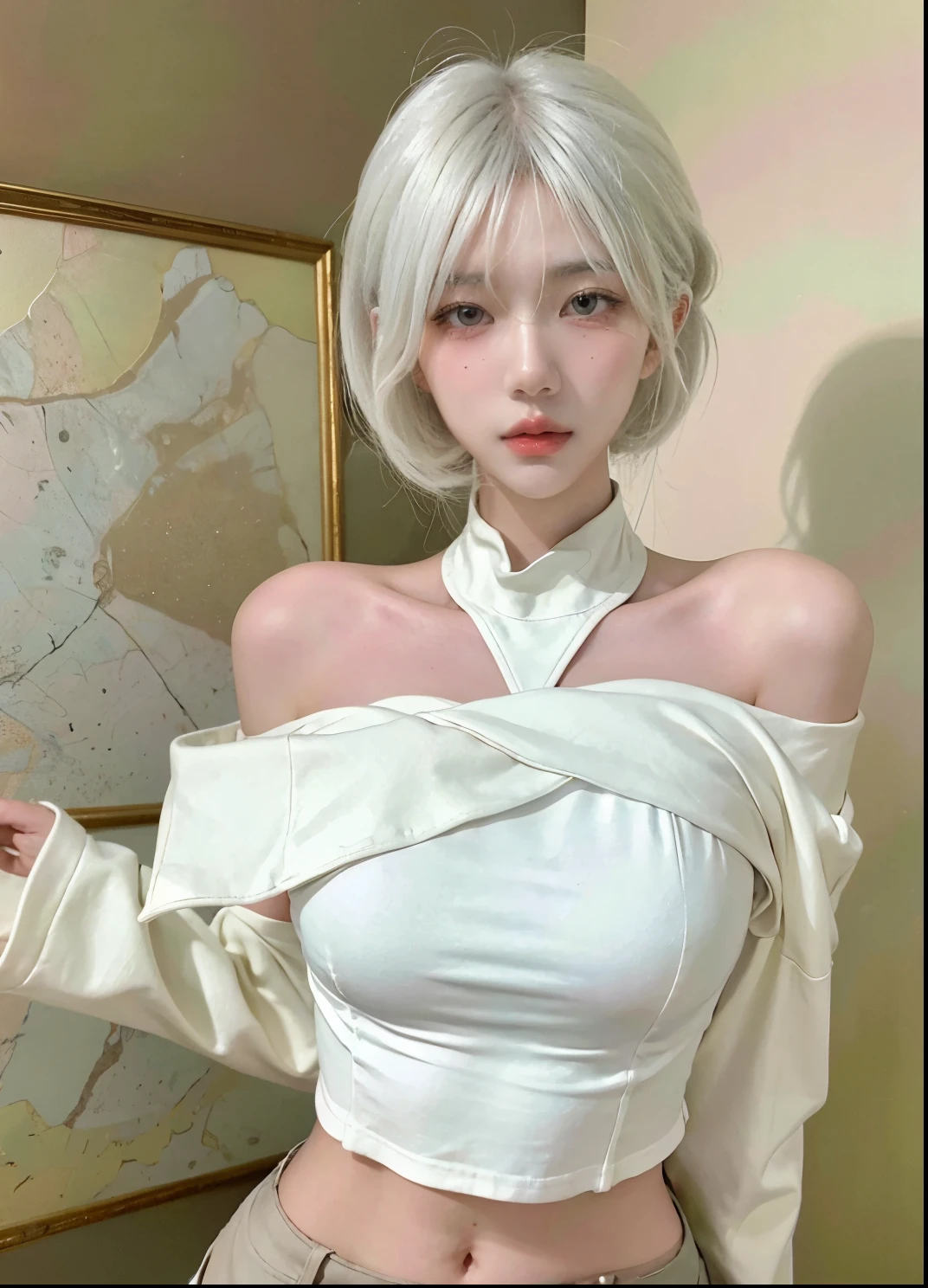 Beautiful woman with perfect figure:1.4,Ultra-high resolution,White background,(Realism:1.4),Layered hairstyle,White skin,JK:1.5,Super short pleated skirt,whole body:1.4,Very delicate and skin texture,Double eyelids,Skin Whitening,Long hair,White hair