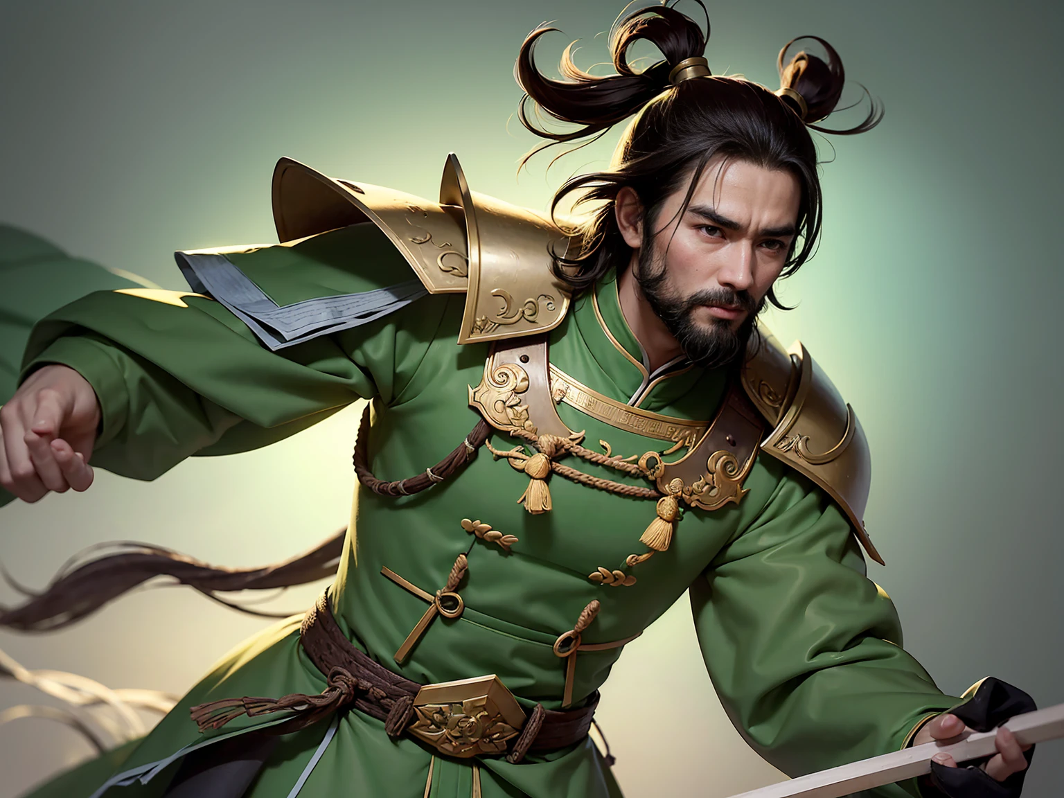 a technique of expressing rough and dry by less water, Full-length portrait of Chinese Liu Bei. His appearance is goat's beard, soft and charismatic. His topknot and light green armor unique to ancient China.
