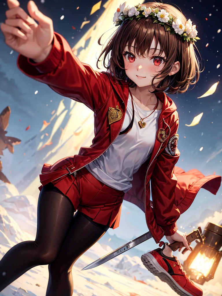 Anime, 1girl, brown hair, short hair, red eyes, green jacket, red knife, white shirt, flower crown, brown shorts, red shoes, night, black tights leggings, golden heart locket, slight smile, snow, snowflakes, light blush