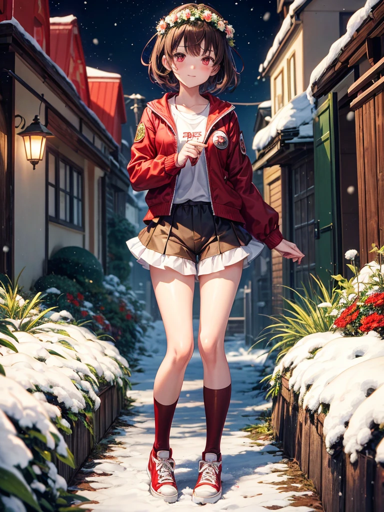 Anime, 1girl, brown hair, short hair, red eyes, green jacket, red knife, white shirt, flower crown, brown shorts, red shoes, night, black tights leggings, golden heart locket, slight smile, snow, snowflakes, light blush
