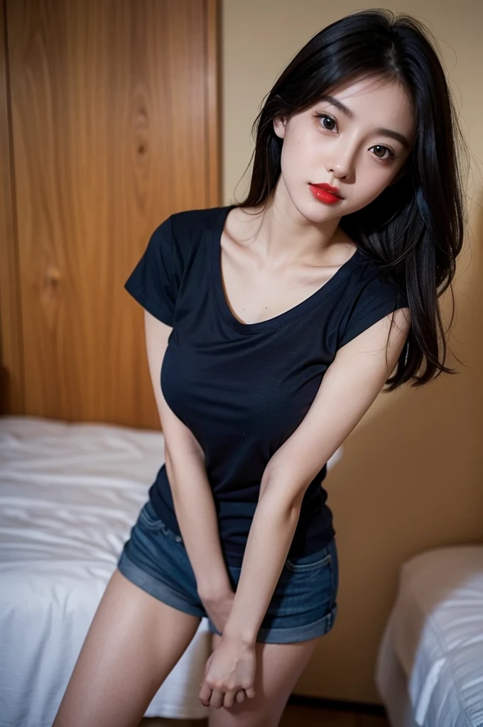 A very cute girl, solo, young, wearing navy t-short and short pants, big breasts, white and smooth skin, standing, full body, red lip, realistic face