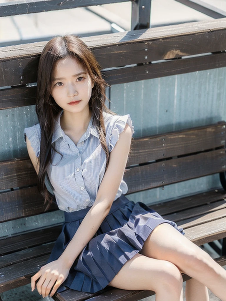 A lovely 21-year-old woman wearing a wjite skirt and tight skirt is sitting on a horizontal wooden bench at the station, with her legs crossed.