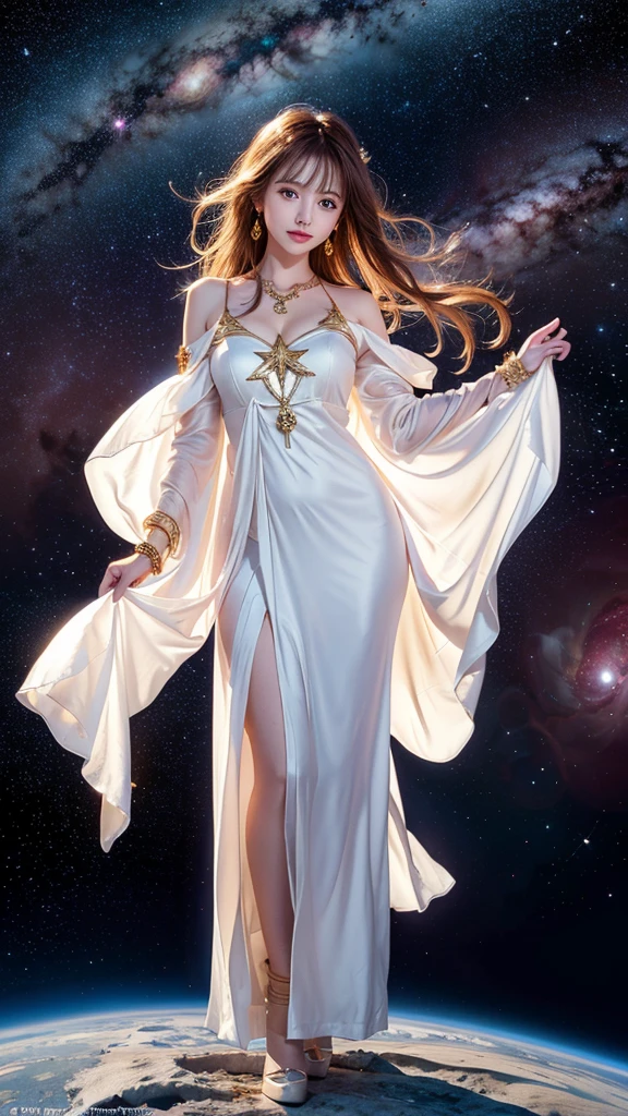 (masterpiece、Highest quality、High resolution、8K、16K)、((Alone in space、Beautiful Goddess、Standing posture、フローティング in the sky like a star))、((whole body))、Golden Cape、White long dress、No sleeve、Adorned with vibrant jewels、Gold Bracelet、Blonde middle、Beautiful brown eyes、A kind smile、Mouth closed、Elegant and detailed face、Graceful operation、Place one hand under your chest、Professional Lighting、The universe is full of light、Countless stars and nebulae、