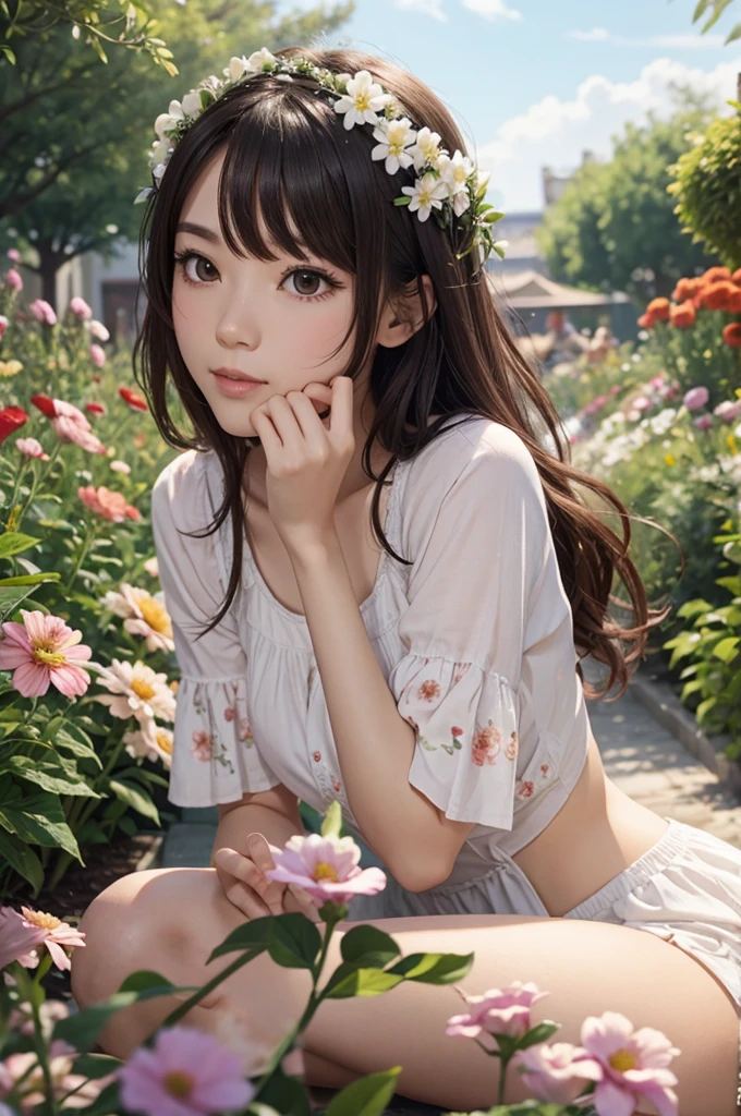 2.5d , outdoor, daytime, in the flower garden