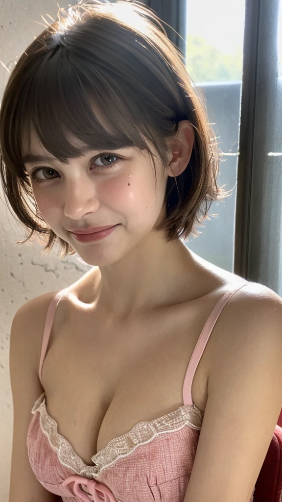 Top quality, Masterpiece, Ultra-high resolution, (Realistic, : 1.4), Original photo, (True skin texture: 1.3), (filmgrain: 1.3), in a panoramic view, Portrait, Very wide lens, Narrow waist, cowboy lens, (bangs, Inconspicuous, Cold light,) Night, Close-up, Tears, Short hair, neck long, ears sticking out, bangs, Big eyes, Brightly Colored Eyes, In the house, Dust, Tindall effect, (Facial expression), Sitting, (hitting a wall), Crying, Frowning, (Looking down), Nervousness, Tears, smiling happily
one girl, eyes and face with beautiful details, White jabot, pink dark V, Brown eyes,Super huge breasts,Cleavage