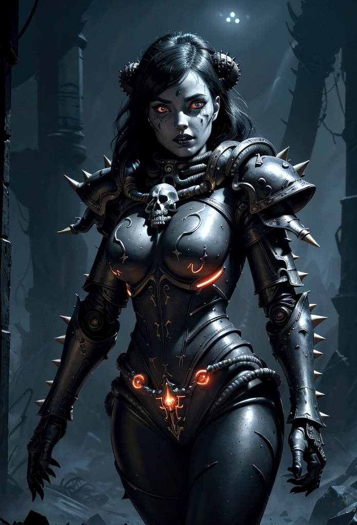 a gorgeous adepta sororitas from the movie tron, glowing skull armor, spikes, teeth, monster, dirty tentacles, pus pimples, cracked truenurgle, detailed face and eyes, beautiful lips, extremely detailed, 1girl, oil painting, concept art, dark fantasy, cinematic lighting, dramatic shadows, vibrant colors, moody atmosphere, hyper detailed, 8k, photorealistic

