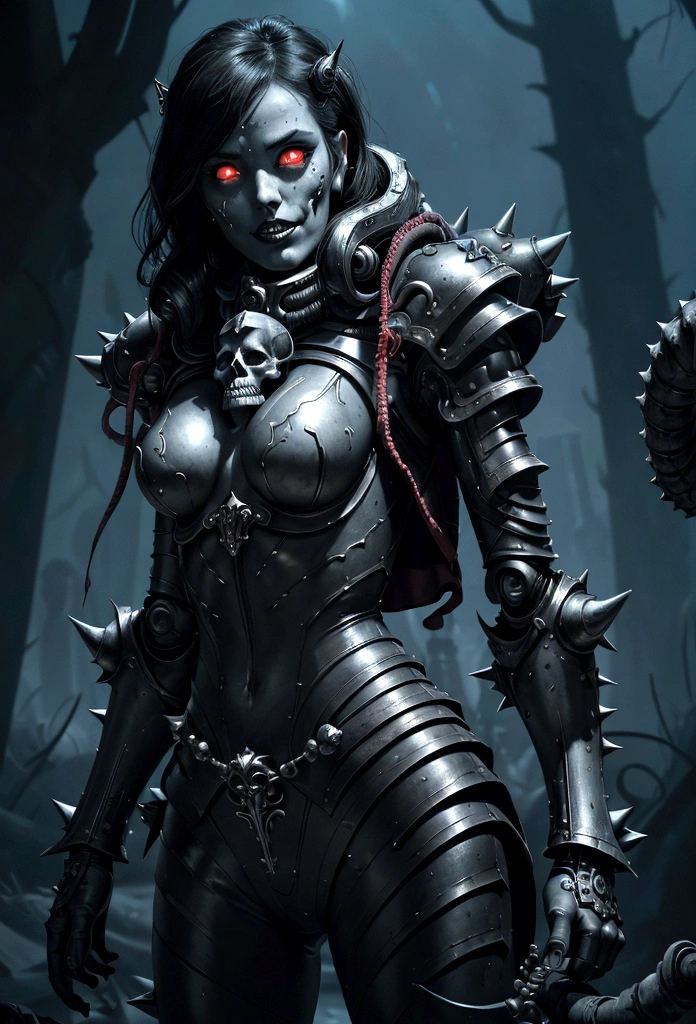 a gorgeous adepta sororitas from the movie tron, glowing skull armor, spikes, teeth, monster, dirty tentacles, pus pimples, cracked truenurgle, detailed face and eyes, beautiful lips, extremely detailed, 1girl, oil painting, concept art, dark fantasy, cinematic lighting, dramatic shadows, vibrant colors, moody atmosphere, hyper detailed, 8k, photorealistic
