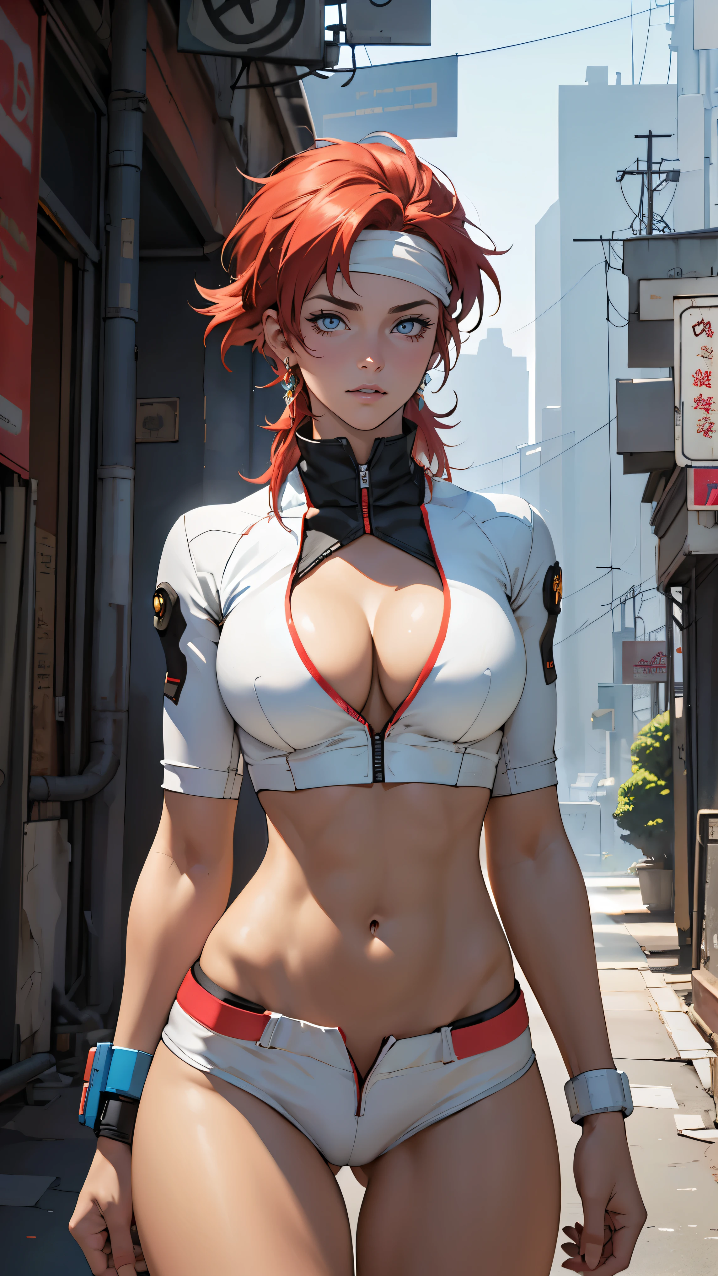 ((Masterpiece, highest quality; 1.3)), super quality, beautiful detail, super detailed, extra fine, 16K, exquisite, absurd, high resolution, beautiful background, detailed background, beautiful eyes, beautiful skin, anime style, Kay from Dirty Pair in a white outfit, tight outfit, cleavage, bushy redhead beauty, very light blue uniform, wearing tight clothes, skimpy, (mid chest: 1.2), cleavage, cleavage, slim waist , thin waist, slim thighs, thin legs, slim legs. thigh gap, showing stomach, skinny, thin hips, cyberpunk city background, holding retro space gun , headband, 