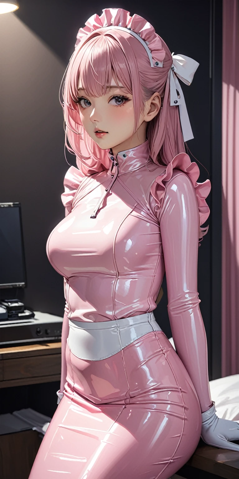 Portrait、(masterpiece,Highest quality,Ultra-high resolution),Japanese women, (((Very beautiful 25 year old girl))),(Light pink latex maid outfit)、(Light pink latex long skirt)、(A light pink latex long-sleeve shirt covering the upper body)、Light pink latex long gloves、Light pink latex socks、Latex bodysuit、The clothes fit snugly to the body、Latex is very shiny、Dark Room、