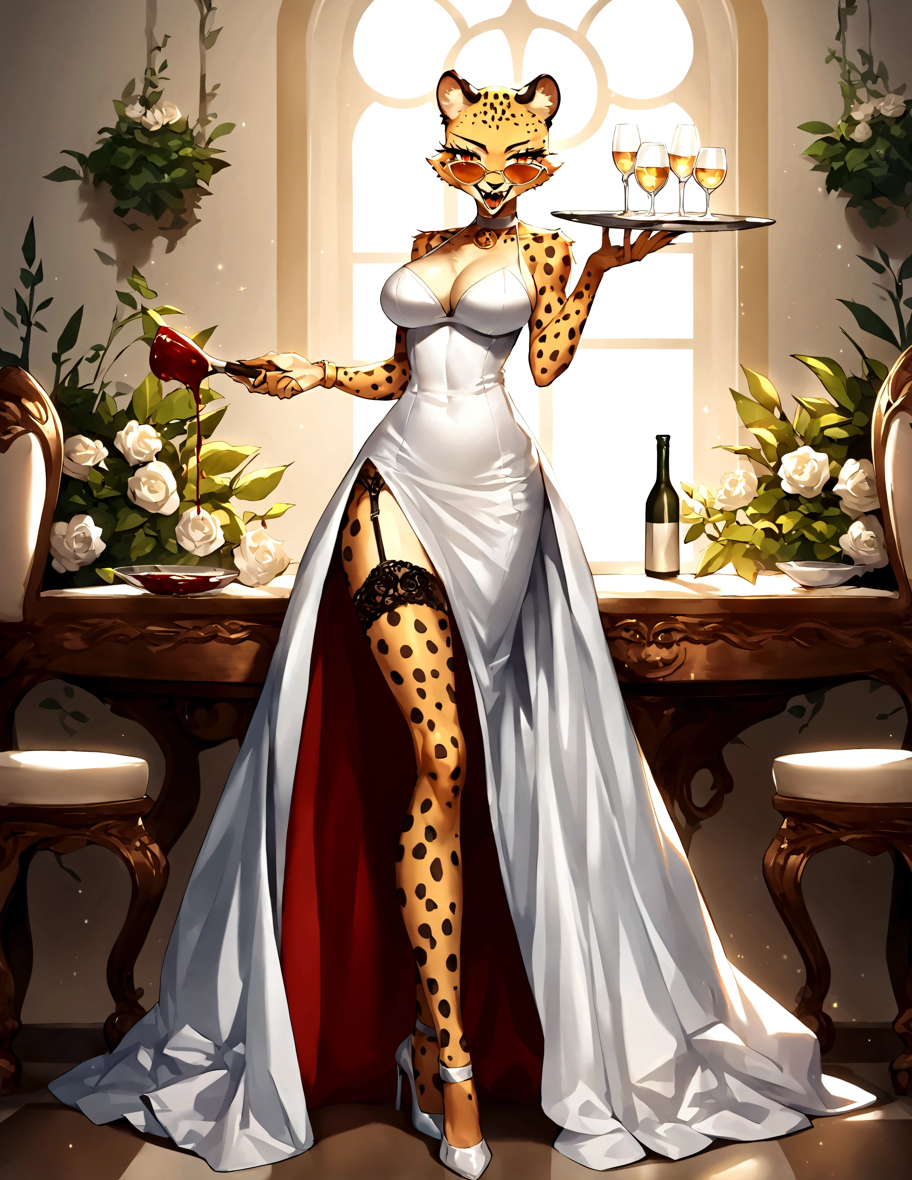 score_9, score_8_up, score_7_up, score_6_up, score_5_up, score_4_up,source_anime, source_furry,rating_safe,(cheetah:1.5) female\(furry,20s, elegant, beautiful, fluffy fur, slender, long legs, cat family eyes, big slit eyes, long eyelashes, big mouth, sharp teeth, big breasts, brave,tube dress\( tight, short, white \), blue sunglasses\(eyes peeking through\), high heels, lots of sparkly accessories,disturbed face,sitting) is eating a thick rare steak\(on the table,blood dripping\) with a fork and knife, BREAK ,background\(at a gorgeously decorated steak restaurant, on the table\(white satin tablecloth\) are wine\(red,glasses,bottles\) and flowers, BREAK ,quality\(8k,wallpaper of extremely detailed CG unit, masterpiece,hight resolution,top-quality,top-quality real texture skin,hyper realisitic,increase the resolution,RAW photos,best qualtiy,highly detailed,the wallpaper,cinematic lighting,ray trace,golden ratio\)