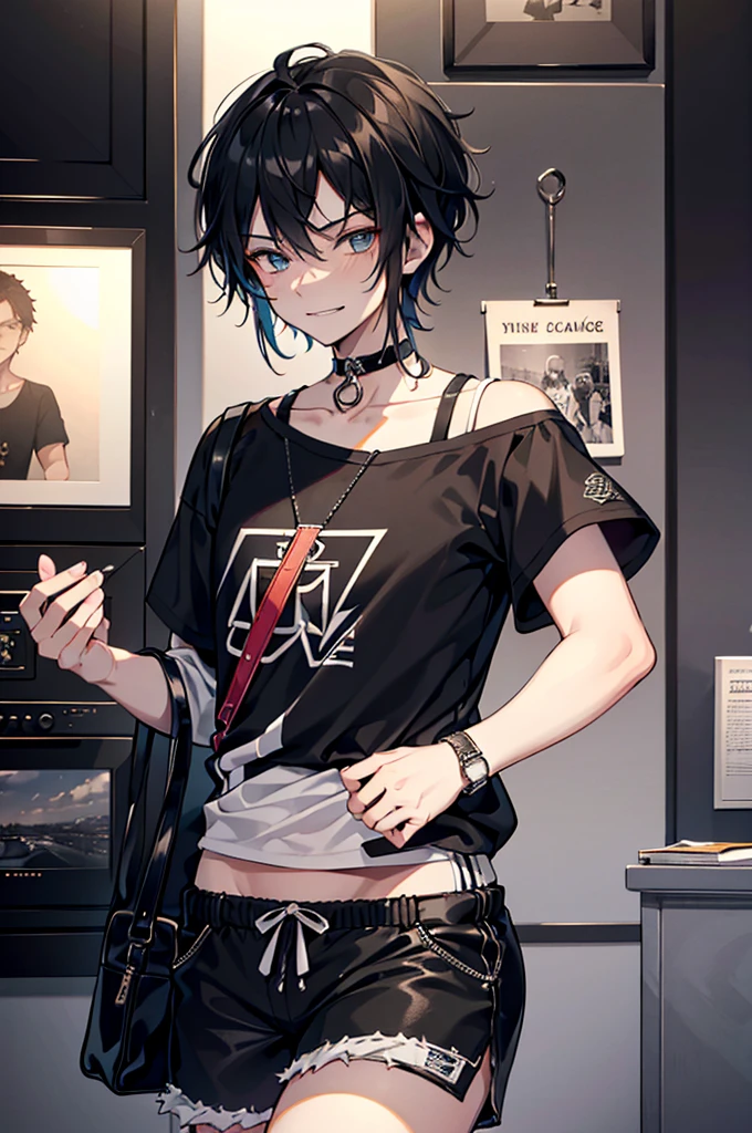 1.5, best quality, high quality, High definition, High quality texture, high detail, beautiful detailed, finely detailed, extremely detailed cg, detailed texture, 1man, boy, male, ((casual)), streetwear, androgynous, black hair, medium length hair, smirking, charmer, cute, in club, shorts, choker,
