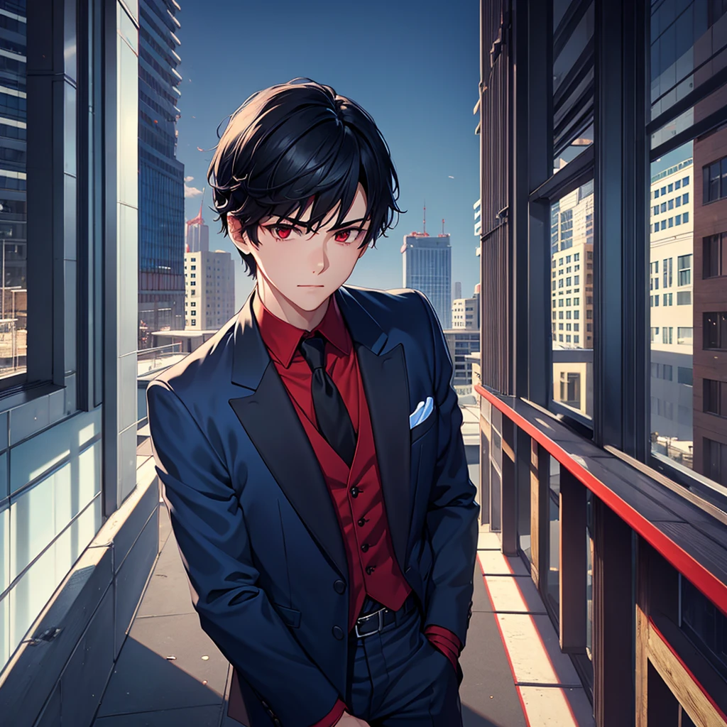 1boy, short black hair, red eyes, wearing all blue suits, on top of a building, high res, ultrasharp, 8k, masterpiece, looking at viewer from behind