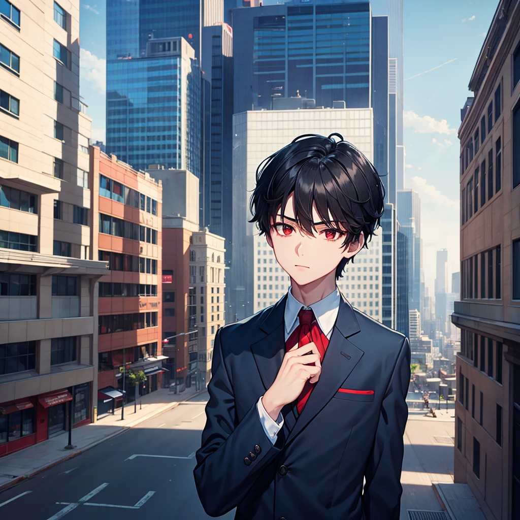 1boy, short black hair, red eyes, wearing all blue suits, on top of a building, high res, ultrasharp, 8k, masterpiece, looking at viewer from behind
