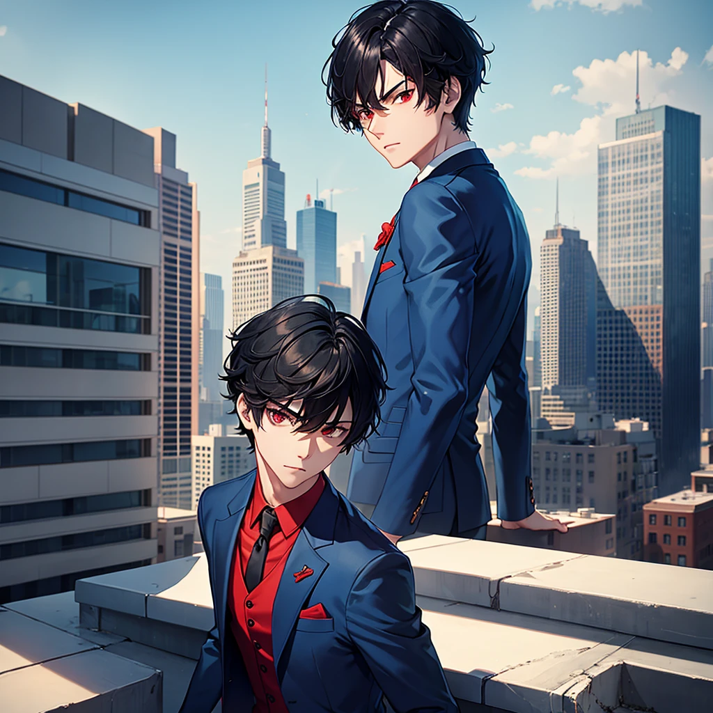 1boy, short black hair, red eyes, wearing all blue suits, on top of a building, high res, ultrasharp, 8k, masterpiece, looking at viewer from behind