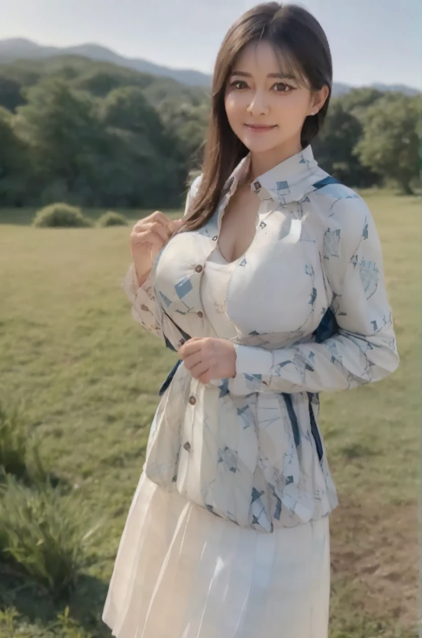 marian rivera,((White collar shirt、Light blue plaid pleated skirt:1.4)、foot, enchanting smile, closed clothes, polite attire, The face of beauty , Because I'm slender , abs:1.4, 30 years old, ((1 girl, alone)), ((full body)), ((huge breasts:1.3)), Breastfeeding A. to, (K, Raw photo, highest quality, Masterpiece 11.4), (realistic, photo-realistic:1.37), (micro:1.4), exposed , ((diamond necKlace)), earrings, glamorous, white sKin, ((in a luxurious hall), looK at viewers, thick brunette hair, long hair, (lit), dynamic pose, (), ((beautiful eyes), erotic, HDR, very detailed, ambient occlusion, nature, harmonious composition, fine art photography, beauty , excellent anatomy, exposed detail