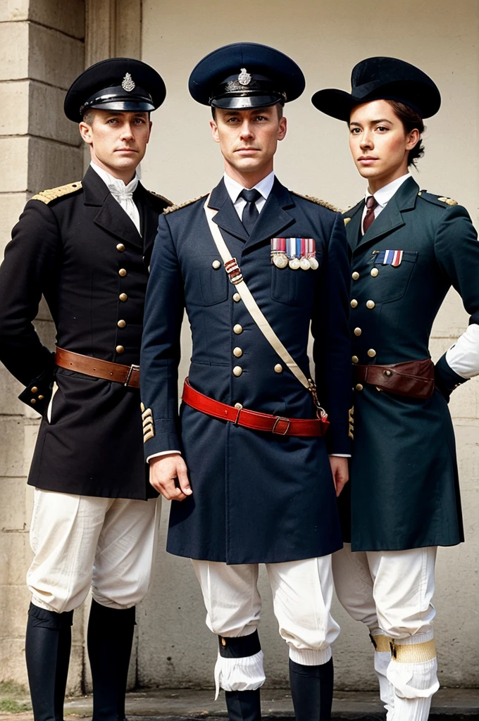 A line of British officers in colonial uniforms, emphasizing the uniformity and rigid structure of the colonial administration.
