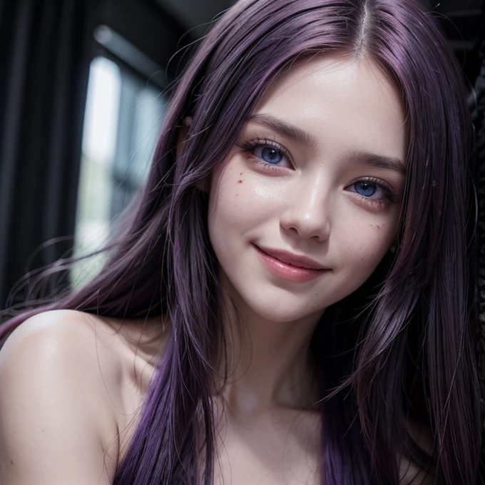 Woman, long purple hair, blood on her face, blue eyes, smiling