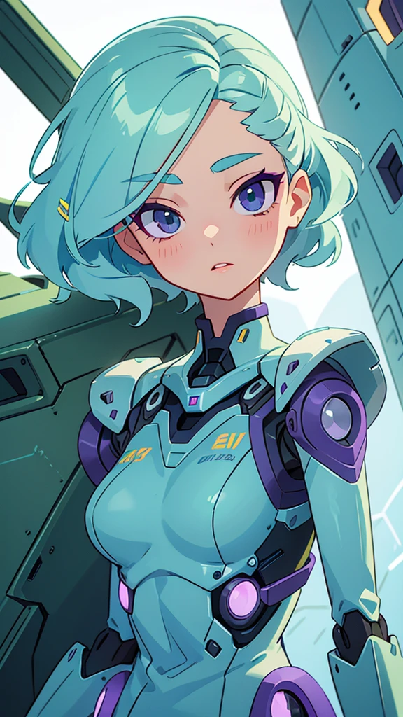 a sexy elite girl, beautiful, tall, wavy light blue hair, short cut, short forehead, her soft green eye, purple eyelashes, she wears a robotic metallic top, a military ship's aerial suit and pants, a gray military aerial suit's armor, black gloves, her hand, her back, her elite wing position.