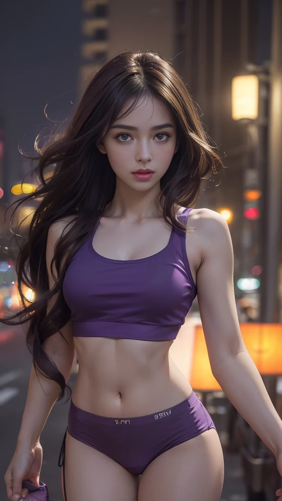 ((Realistic lighting, Best quality, 8K, Masterpiece: 1.3)), Clear focus: 1.2, 1 girl, Perfect Figure: 1.4, Slim Abs: 1.1, See through, tight clothing, ((brunette girl, brazilian girl, wavy hair)), (panties: 1.4), (Purple crop top: 1.4), (Outdoor, Night: 1.1), City streets, Super fine face, Fine eyes, Double eyelids,