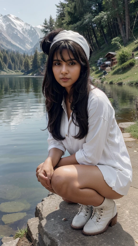 A indian gril black hair a white cap with her hed at Kashmir lake siting a boot