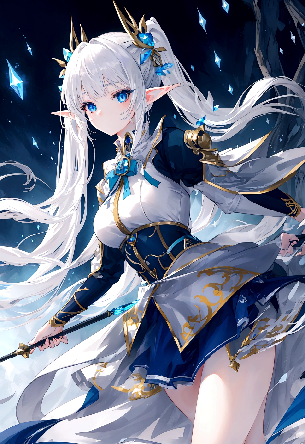 (masterpiece, side lighting, ultra-detailed, finely detailed beautiful eyes: 1.2) Female, Elf, twin tail hair, magic staff, three point perspective angle, white hair, middle of a battle. 