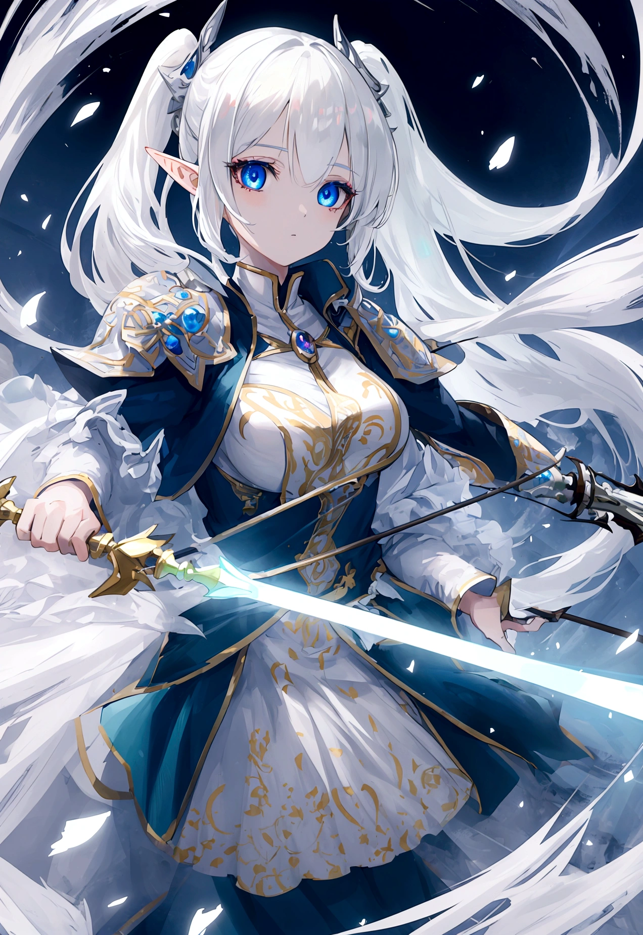 (masterpiece, side lighting, ultra-detailed, finely detailed beautiful eyes: 1.2) Female, Elf, twin tail hair, magic staff, three point perspective angle, white hair, middle of a battle. 