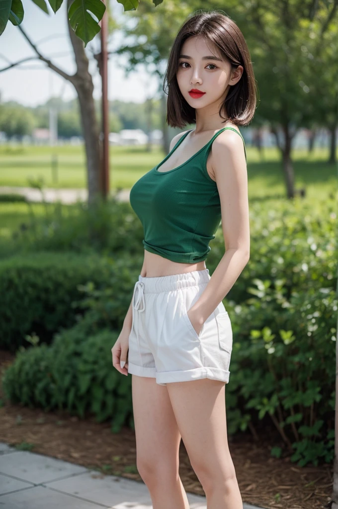 ((top-quality、8K、masterpiece: 1.erfect Body Beauty: 1.4、Slender Abs: 1.2、Beautiful woman with slender abs:1.3、(Highlight Haircutreast B Cup:1.2), medium breast, round shape breast, perfect shape breast, ((white underwear))) ((( black skirt and wide neck t-shirt ))),(((sitting on chair, a bit open legs, panties, bra straps)) necklace, hyperdetailed face、18year old、 Pretty women、(Dark brown short-cut hair), Slim Face、Highly detailed facial and skin texture、very detailed lips、opens legs、top-quality、masterpiece、超A high resolution、(Photorealsitic:1.4), long shot , (in park with blur background), bright background, sunset light,