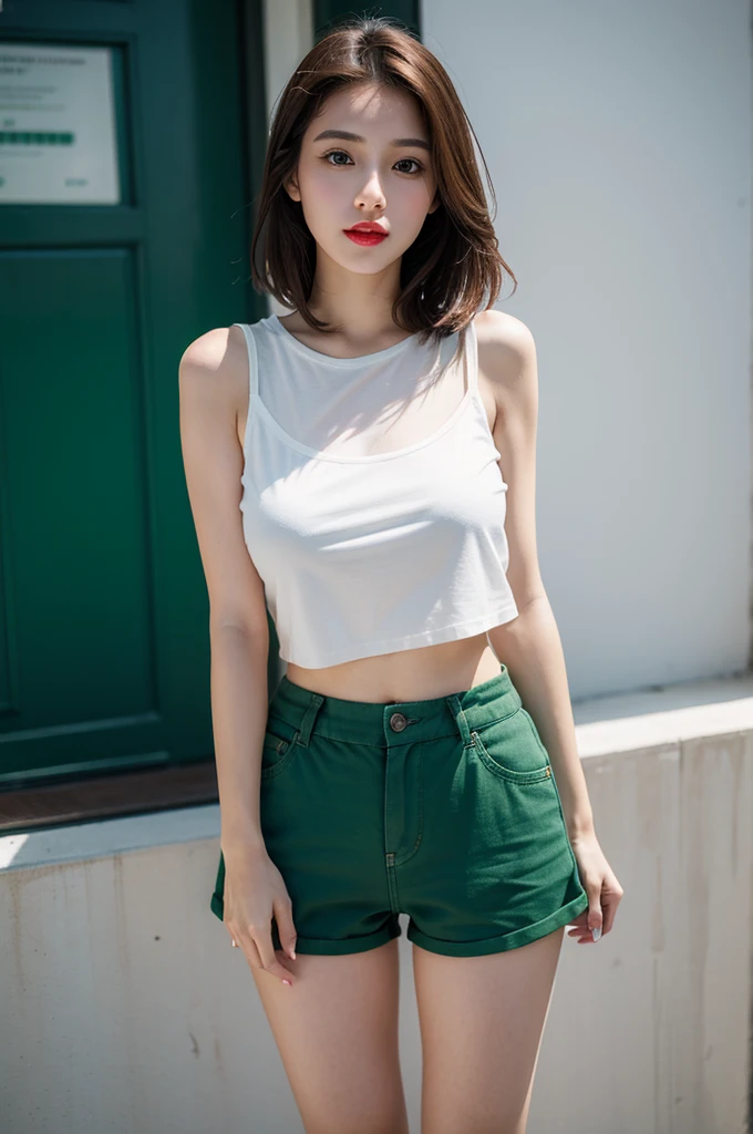 A very cute girl, solo, young, wearing green t-short and short pants, big breasts, white and smooth skin, standing, full body, red lip, realistic face