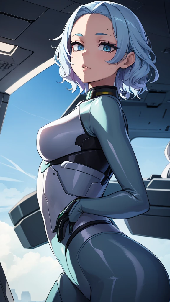  a sexy elite girl, beautiful, tall, wavy light blue hair, short cut, short forehead, her soft green eye, purple eyelashes, she wears a robotic metallic top, a military ship&#39;s aerial suit and pants, a gray military aerial suit&#39;s armor, black gloves, her hand, her back, her elite wing position. 