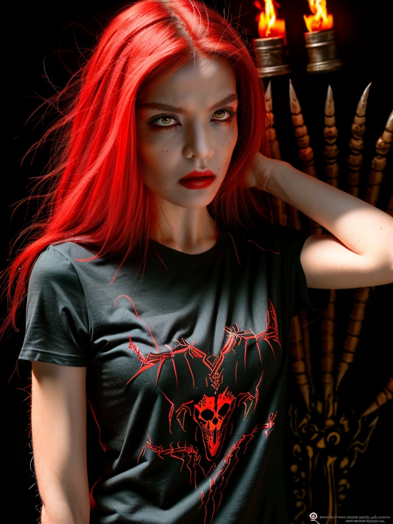 ((Highly detailed 1.3) A wicked woman, malignant, with flaming red hair, Scorpion, Agape Mouth, Fierce desire for blood. A young woman with fierce eyes, sign of Scorpio, T-shirt and .