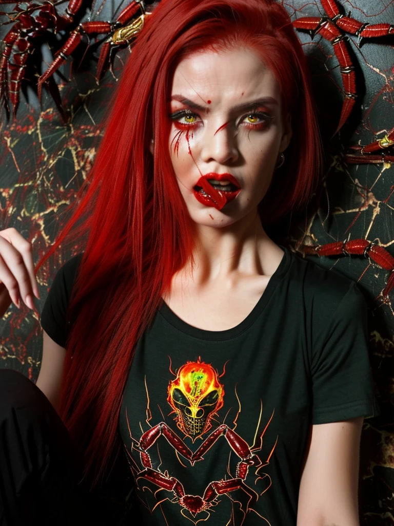 ((Highly detailed 1.3) A wicked woman, malignant, with flaming red hair, Scorpion, Agape Mouth, Fierce desire for blood. A young woman with fierce eyes, sign of Scorpio, T-shirt and panties.