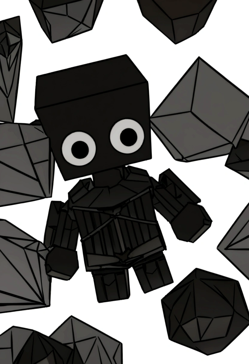 a close up of a black and white pirate paper toy, a raytraced image inspired by Zhu Da, tumblr, vanitas, in a dark space mercenary outfit, pitch black skin, he is wearing a black, roblox avatar, black armored uniform, ( ( deep black eyes ) ), pitchblack skin, black shiny armor, black shirt underneath armor