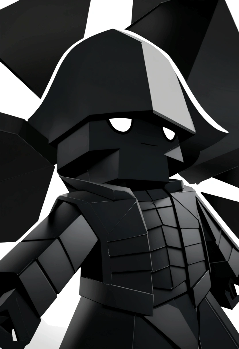 a close up of a black and white pirate paper toy, a raytraced image inspired by Zhu Da, tumblr, vanitas, in a dark space mercenary outfit, pitch black skin, he is wearing a black, roblox avatar, black armored uniform, ( ( deep black eyes ) ), pitchblack skin, black shiny armor, black shirt underneath armor