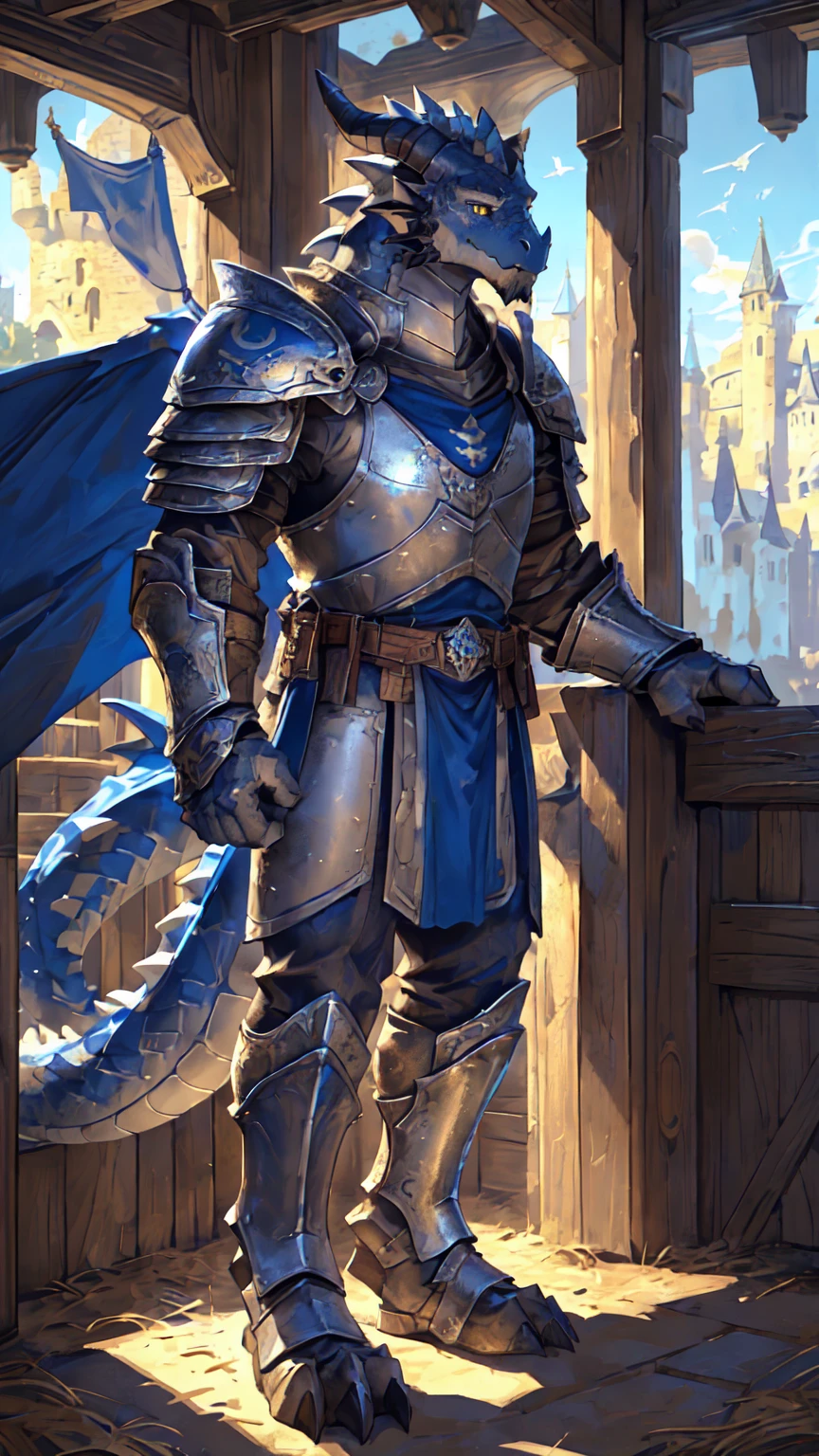 ((middle Ages:1.6，Castle Background:1.4))，((Cruz:1.6))，Sunlight，high resolution，4K，gay，(((whole body:1.1)))，masterpiece，high quality，Calm and composed，((dragon))，male，dragonFurry，(teenager:1.3)，hairy，((stable，Handsome face:1.4))，((peaceful))，((Holding a long sword:1.3))，(((Strong:1.4，Long legs:1.3，Thick dragon tail:1.2)))，(((Gray heads:1.2，Golden pupils:1.2，White Neck:1.3，Gray back of hands:1.4，White Skin:1.3)))，(((White Armor:1.3，There is a blue flag on the armor:1.4)))，Mature face，Exquisite eyes，Detailed body，Detailed hands，Detailed feet，Kenket&#39;s Art，Strike a pose:1.3