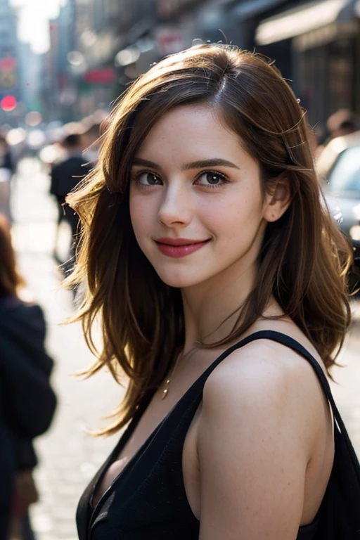 Natural photo of beautiful woman, With enchanting eyes, Smiling in the bustling city, Upper body framing, At a street photography shoot, Golden Hour Lighting:1.3), Shoot at eye level, Fujifilm X-T4 with 50mm lens, Alfred Stieglitz style