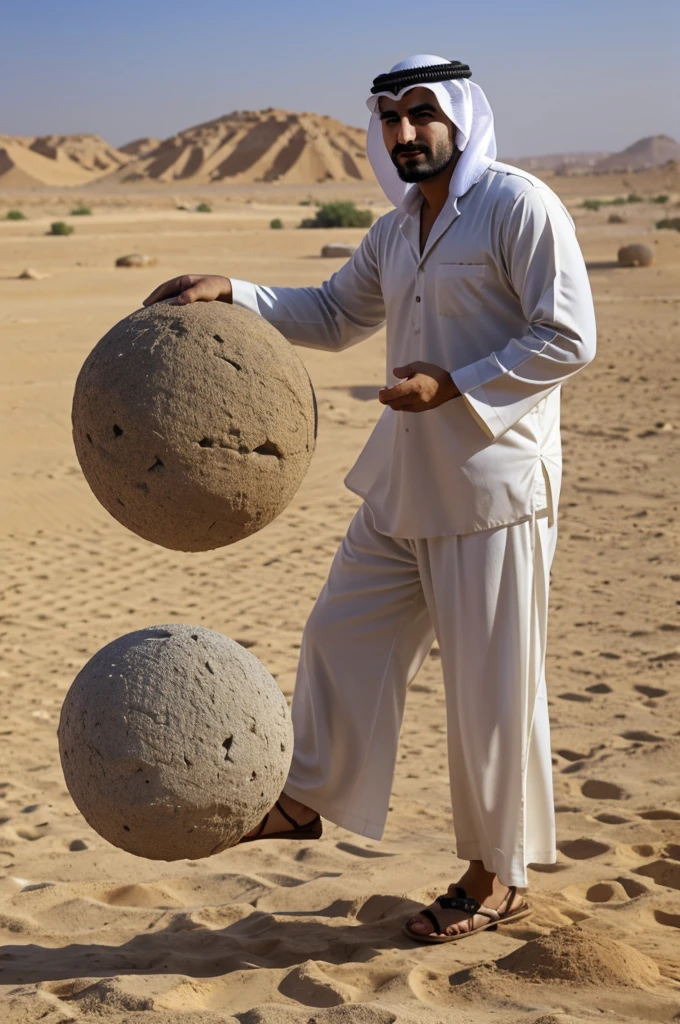An Arab man wearing wide Arab trousers carries a roughly spherical rock with a diameter of one meter