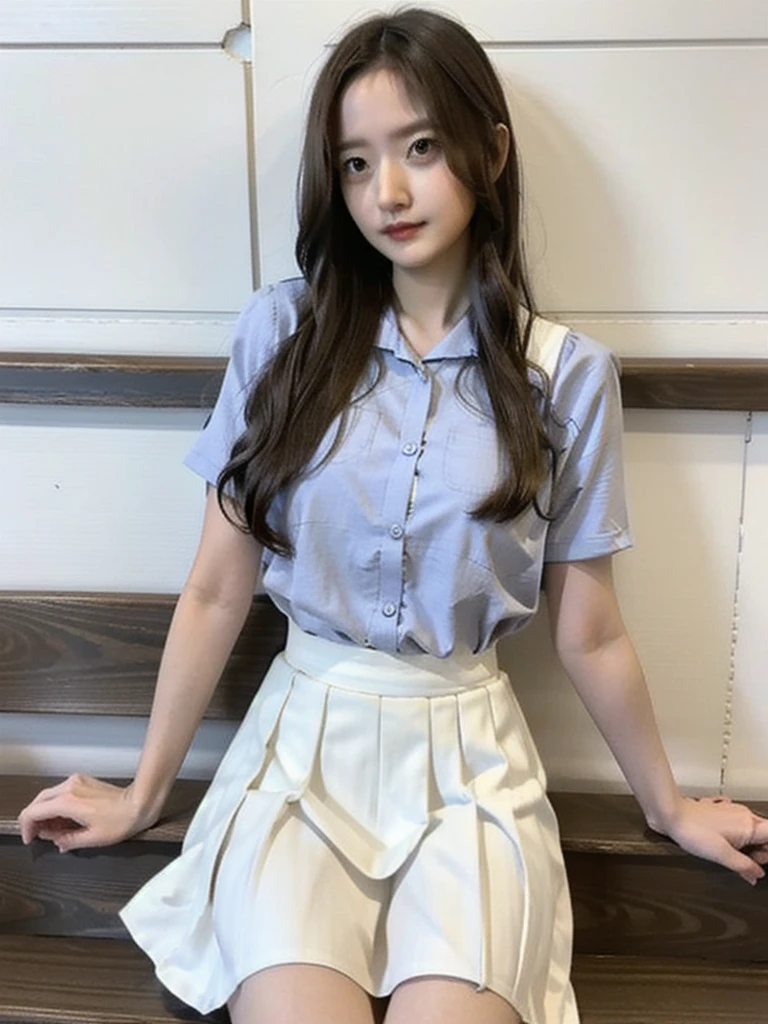 A lovely 21-year-old woman wearing a white skirt and tight skirt, open button, sitting on a horizontal wooden bench at the station, with her legs crossed.