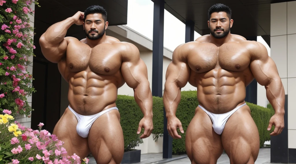 A handsome Asian actor，30 years old，Tall and handsome, Toned body，short hair, O-Shaped Beard，Perfect body, Dark and shiny skin，Smooth skin，The body is hairless，Muscle bulge, Muscular, Very large pectoral muscles，Very sexy abdominal muscles，Very well-developed leg muscles，Huge concave and convex area，Brightens oily skin，Wearing a white leather shiny thong，Handsome face， Correct and accurate male body proportions, Stand among the flowers。