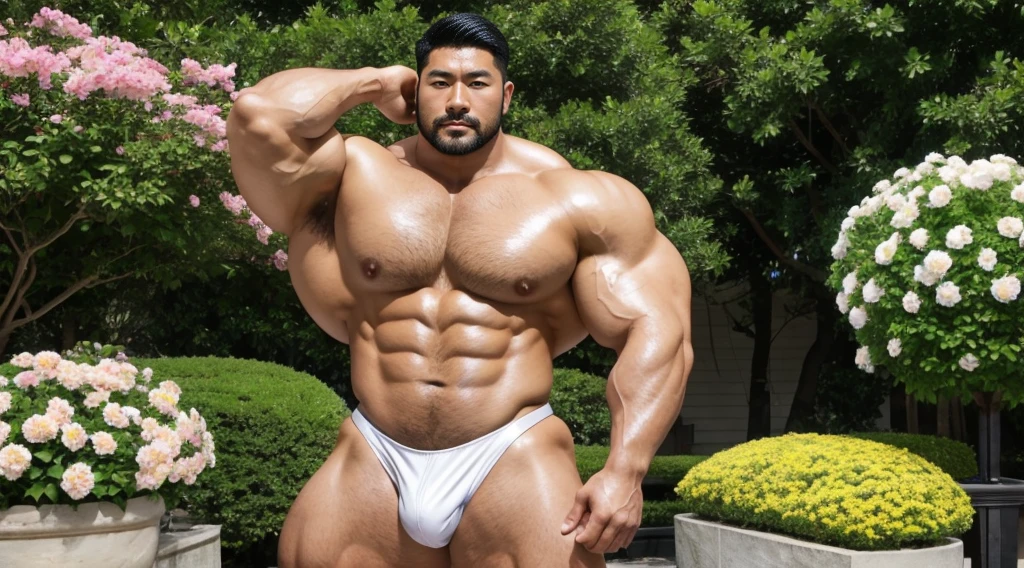 A handsome Asian actor，30 years old，Tall and handsome, Toned body，short hair, O-Shaped Beard，Perfect body, Dark and shiny skin，Smooth skin，The body is hairless，Muscle bulge, Muscular, Very large pectoral muscles，Very ???? abdominal muscles，Very well-developed leg muscles，Huge concave and convex area，Brightens oily skin，Wearing a white leather shiny ?????，Handsome face， Correct and accurate male body proportions, Stand among the flowers。