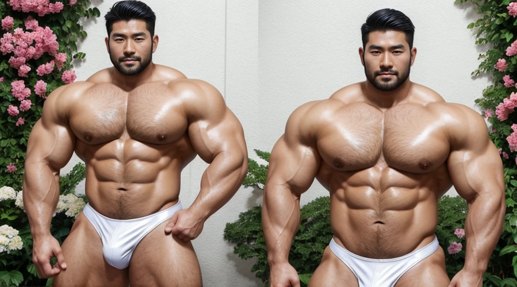 A handsome Asian actor，30 years old，Tall and handsome, Toned body，short hair, O-Shaped Beard，Perfect body, Dark and shiny skin，Smooth skin，The body is hairless，Muscle bulge, Muscular, Very large pectoral muscles，Very sexy abdominal muscles，Very well-developed leg muscles，Huge concave and convex area，Brightens oily skin，Wearing a white leather shiny thong，Handsome face， Correct and accurate male body proportions, Stand among the flowers。