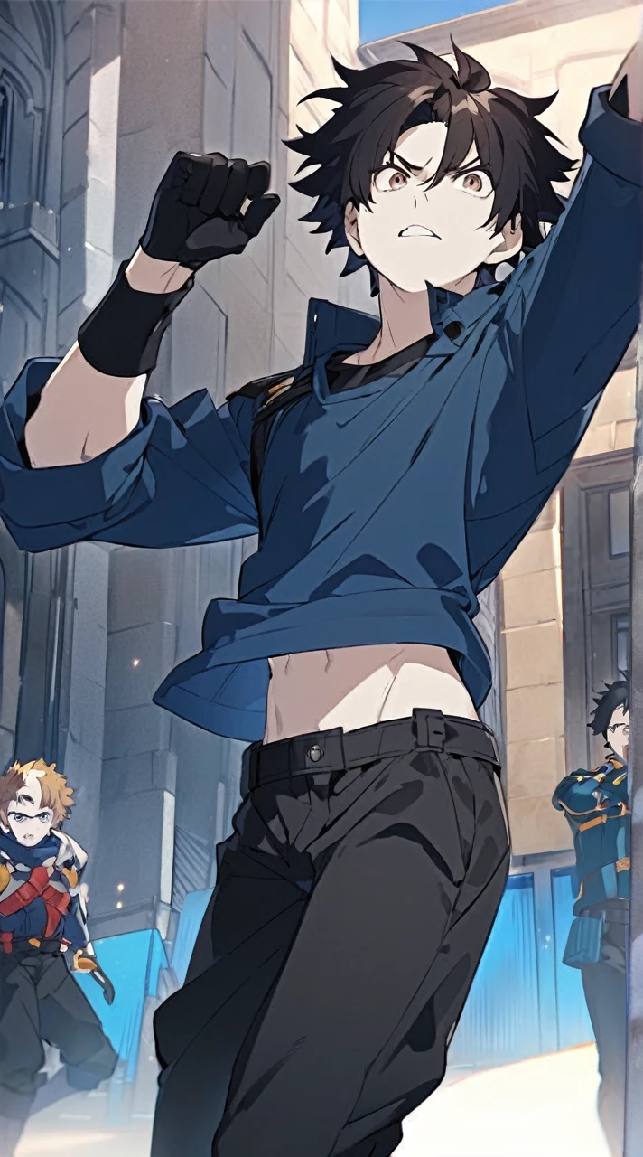 Screenshot Boku no my hero academia, male gender, white skin, brown eyes, short black hair with fringe, Hero Clothing: Black waterproof shirt, blue midriff-length sweater, black gloves, black pants, and blue boots