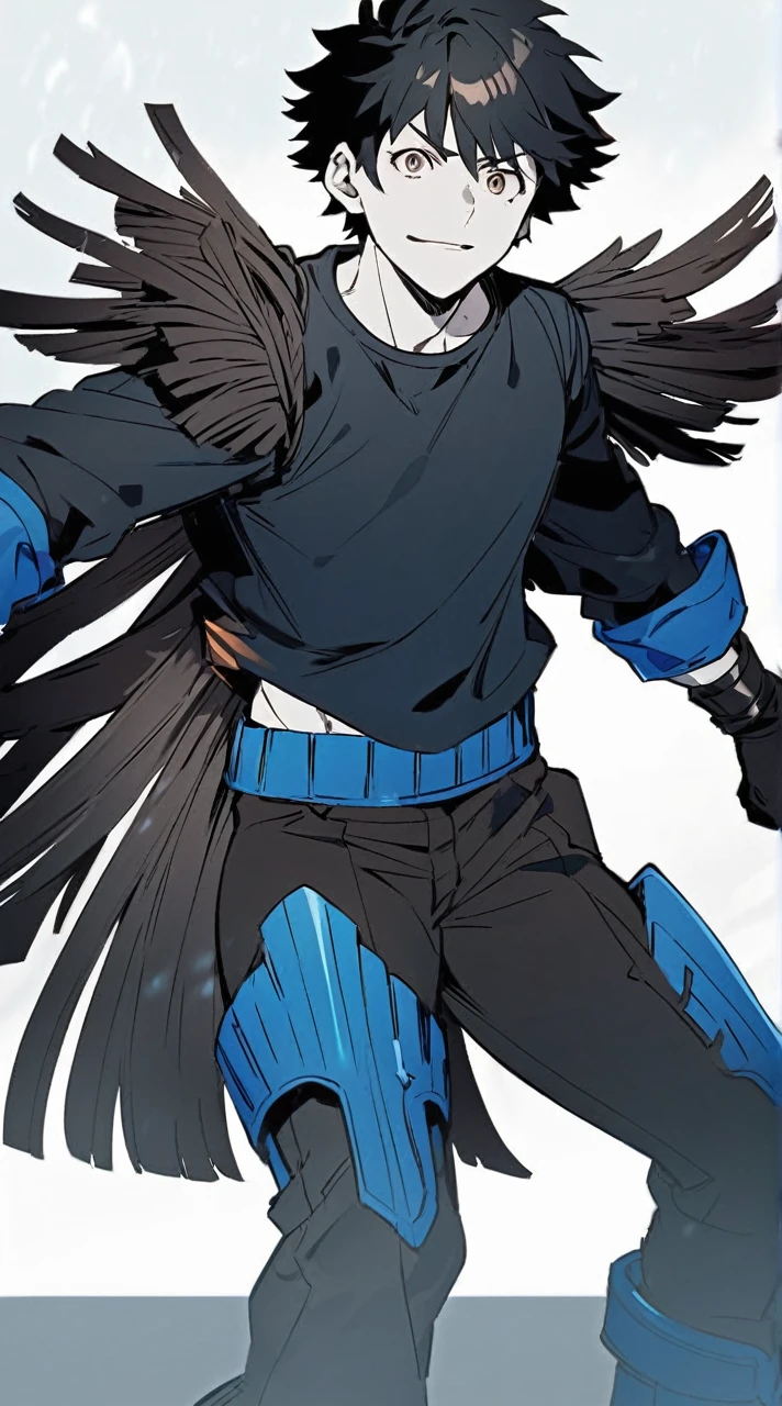 Screenshot Boku no my hero academia, male gender, white skin, brown eyes, short black hair with fringe, Hero Clothing: Black waterproof shirt, blue midriff-length sweater, black gloves, black pants, and blue boots